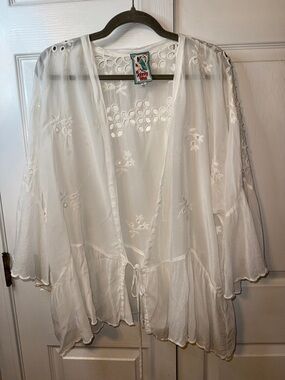 Johnny Was White Sheer Embroidered Tie-Front Kimono Blouse